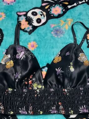 Black Floral Satin Crop Top with Smocked Hem